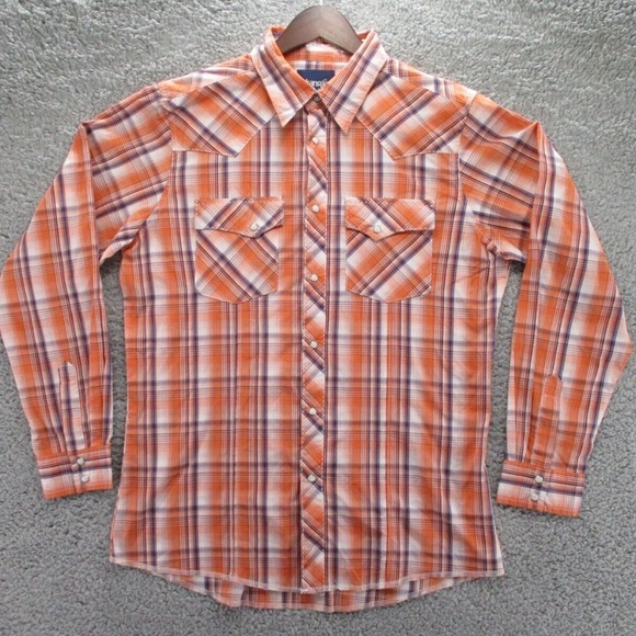 Wrangler Shirt Adult 2XL XXL Pearl Snap Orange Blue Tartan Plaid Men Button Down - Picture 1 of 15